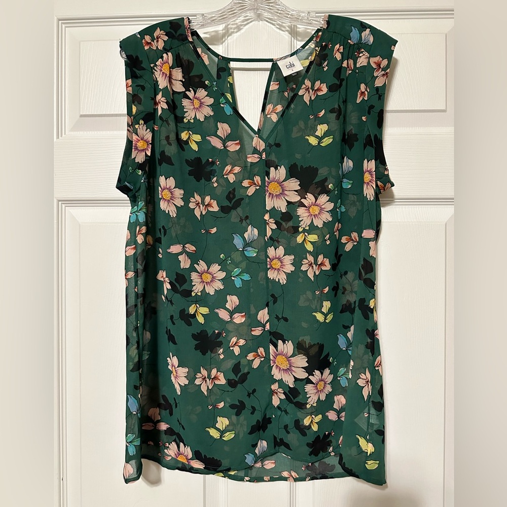 CAbi Dark Green Floral Sleeveless Blouse
